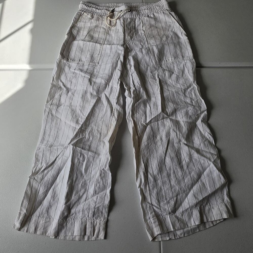 Athleta Cabo Linen Stripe Wide Leg Pants Womens 4 White Cargo Drawstring Travel